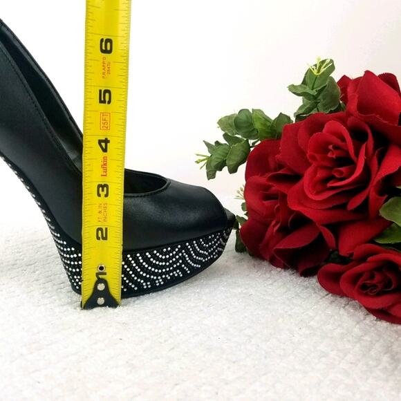 Aldo Platform Stiletto Pumps Size 8.5 Black Leather Rhinestones Peep Almond Toe - Picture 9 of 16